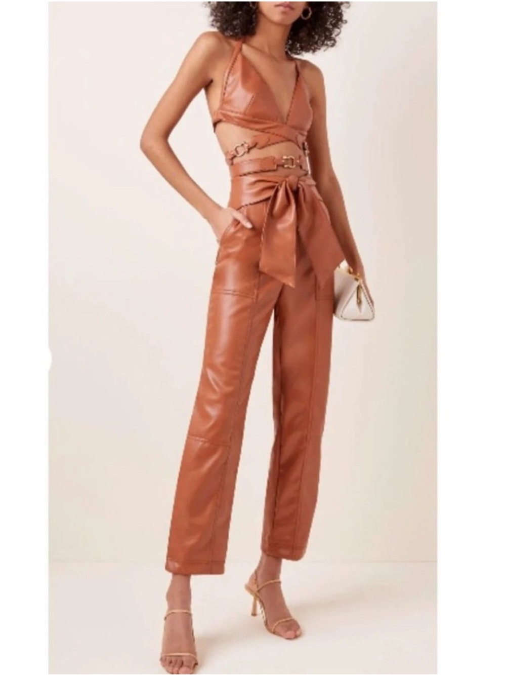 NEW Jonathan Simkhai Tessa Vegan Leather Tie Pants Caramel‎ Tan Brown Size 10